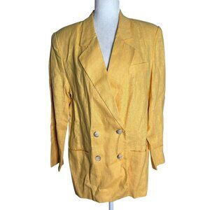 Vintage 90s Double Breasted Blazer Jacket Size 12 Yellow Linen Shoulder Pads